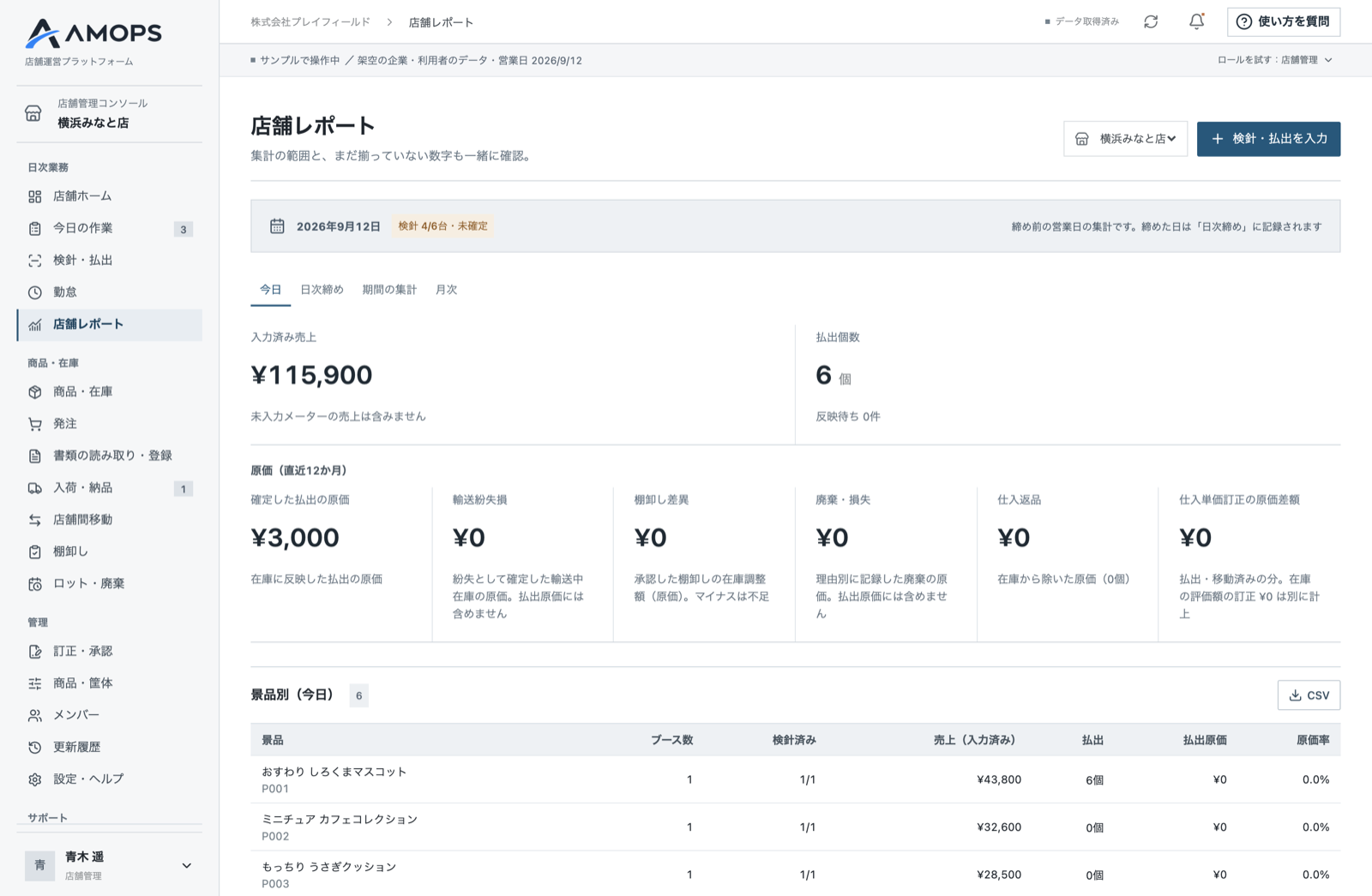 店舗レポートの画面。払出原価・輸送紛失損・棚卸し差異・廃棄損失などの内訳と、景品別の売上・払出原価・原価率が並びます（架空のサンプルデータ）